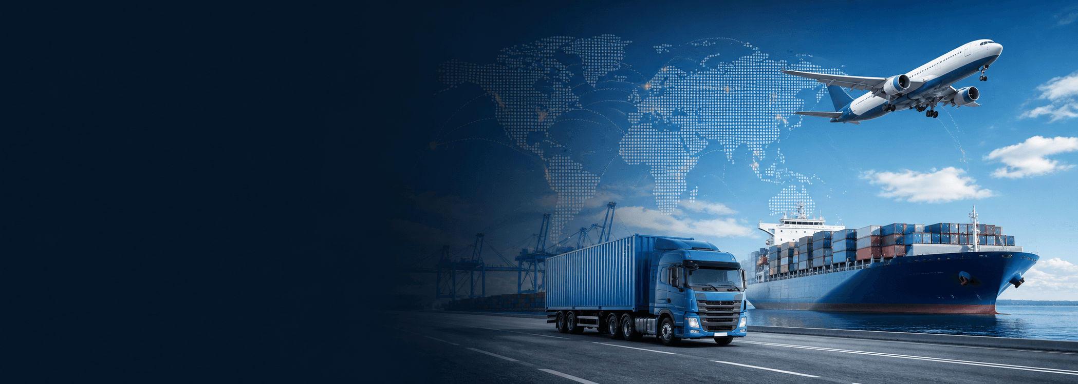 Road, air and sea freight moving across a global network
