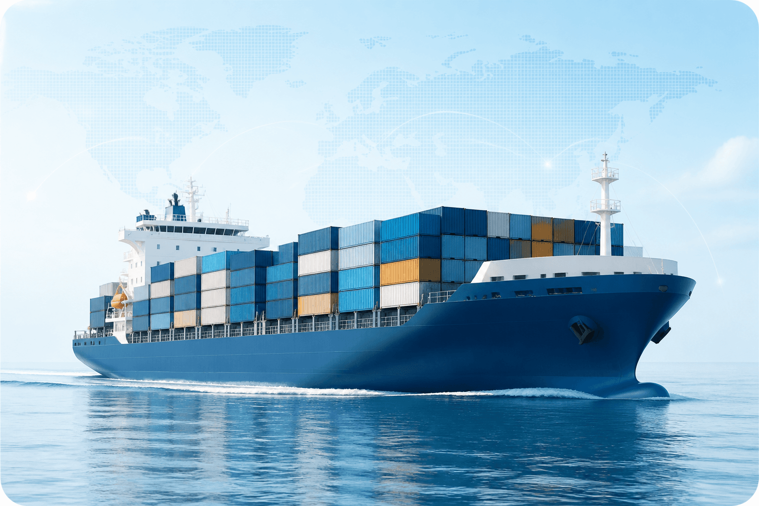Premium sea freight container ship moving across a global route map