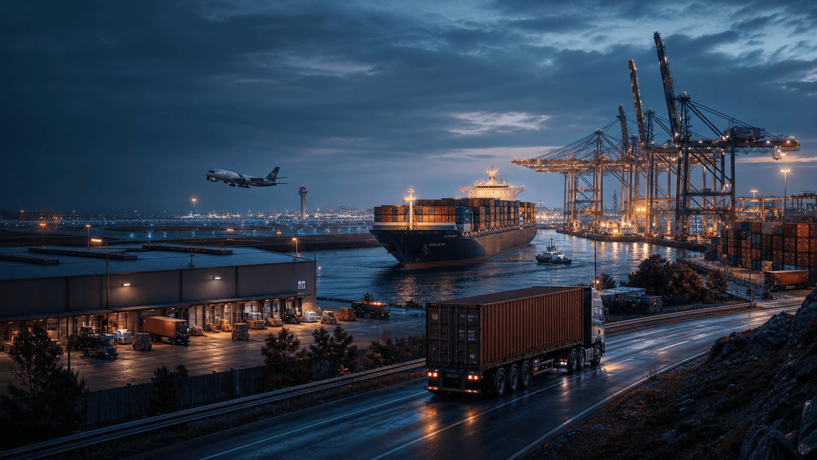 Cargo aircraft, container vessel and freight truck moving through a connected logistics hub