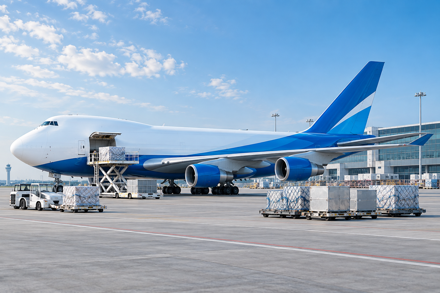 Blue and white cargo aircraft being loaded at a modern air freight terminal