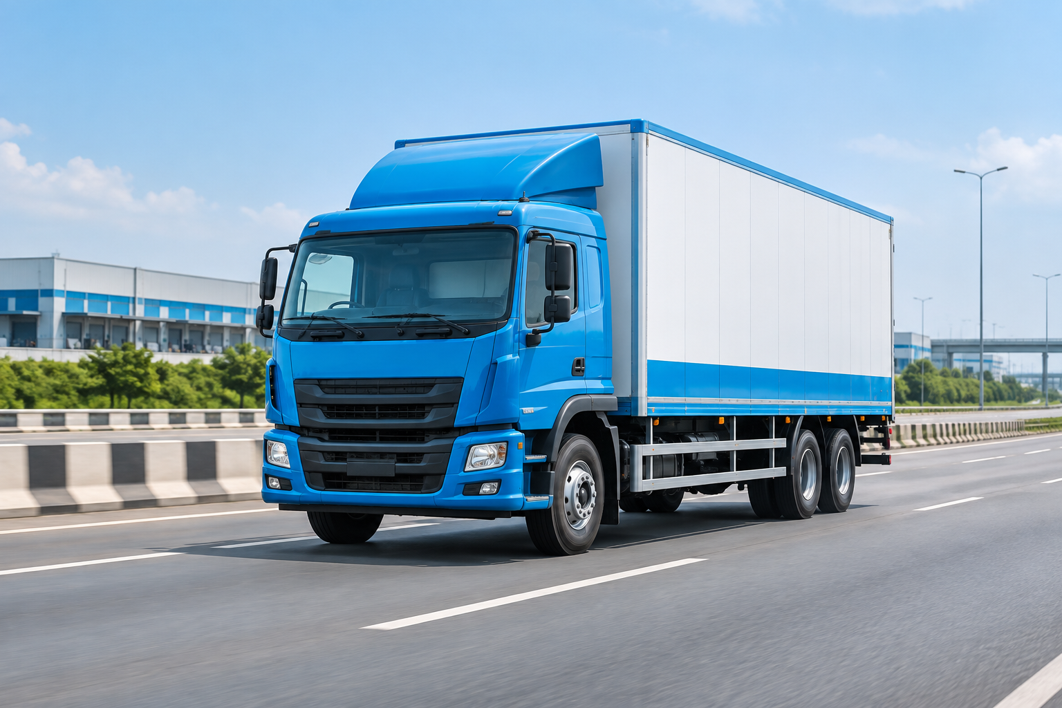 Blue and white freight truck moving along a modern expressway