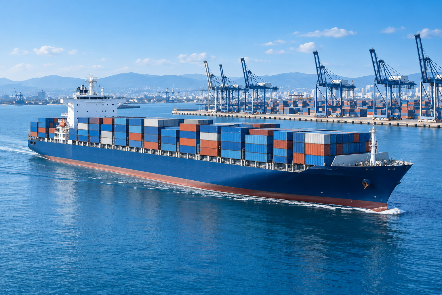 Container vessel sailing beside an organized international cargo port
